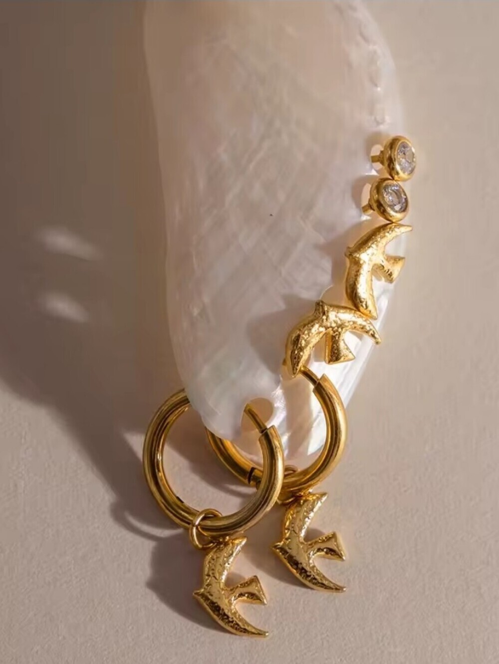 New! Gold Bird Huggie Hoop Stud 6 Pc Earring Gold Plated Ear Stack 2005b • NWOT
